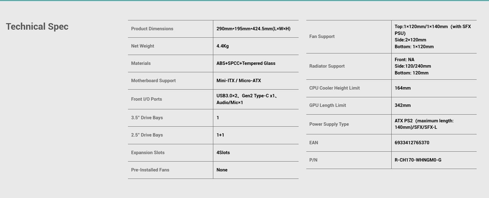 Deepcool CH170 Mid Tower Cabinet without PSU (White)