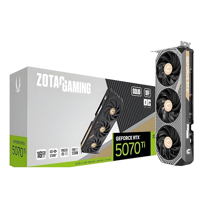 ZOTAC Gaming GeForce RTX 5070 Ti Solid SFF OC Graphics Card - Black | 16 GB | GDDR7 | Advanced Cooling | Triple Fan | White LED | ZT-B50710J3-10P | Only Graphics Card with 5 Year