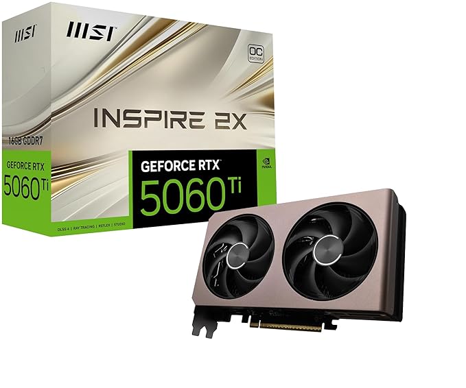 MSI GeForce RTX 5060 Ti 16G Inspire 2X OC Graphic Card - NVIDIA GeForce RTX 5060 Ti GPU, 16GB GDDR7 128-bit Memory, 28 Gbps, PCI Express Gen 5 x16 Interface, Upto 2617 MHz, STORMFORCE Fan