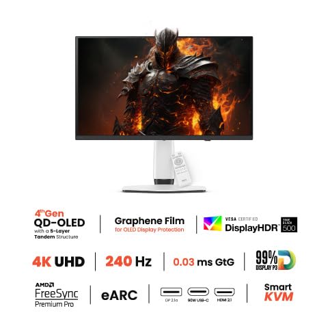 BenQ MOBIUZ EX321UZ 27” 4K UHD 4th Gen QD-OLED 240Hz Gaming Monitor| 0.03ms GtG|HDMI 2.0, DP 2.1a|USB-C(90W)|99% DCI-P3|AMD FreeSync Premium Pro|KVM|Game Art Mode|Height,Swivel, Tilt Adjustable
