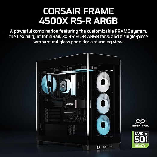 CORSAIR Frame 4500X RS-R ARGB Panoramic Glass Mid-Tower PC Case – InfiniRail Mounting System, Fits Dual 360mm Radiators, GPU Anti-Sag, 3X RS120R Fans Included – Black