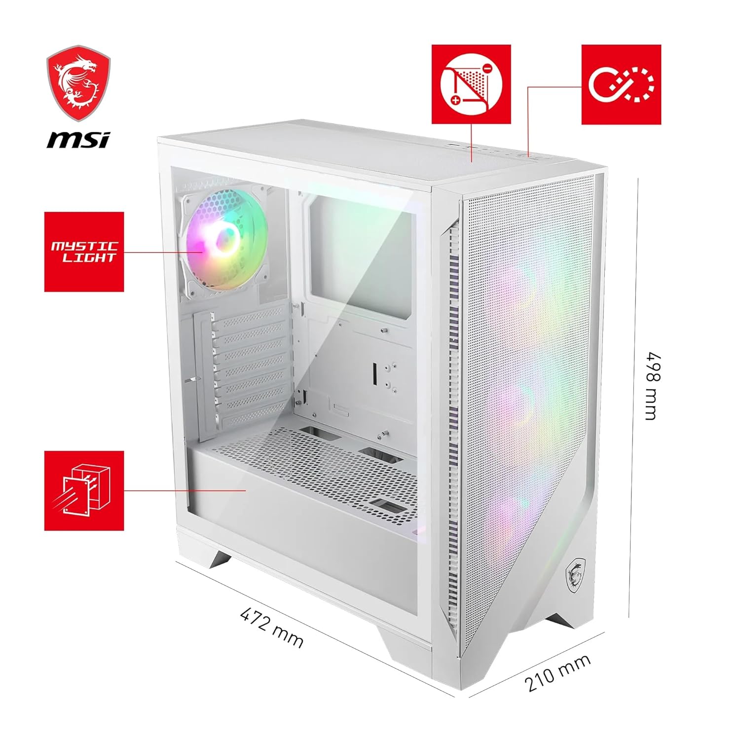 MSI MAG Forge 320R Airflow White Premium Gaming PC Case: ARGB Fan, ARGB Lighting, Vertical GPU Bracket, Side Air Vents, 360mm Radiator Support, 3mm Thick Tempered Glass, Supports Up to 11 Fans