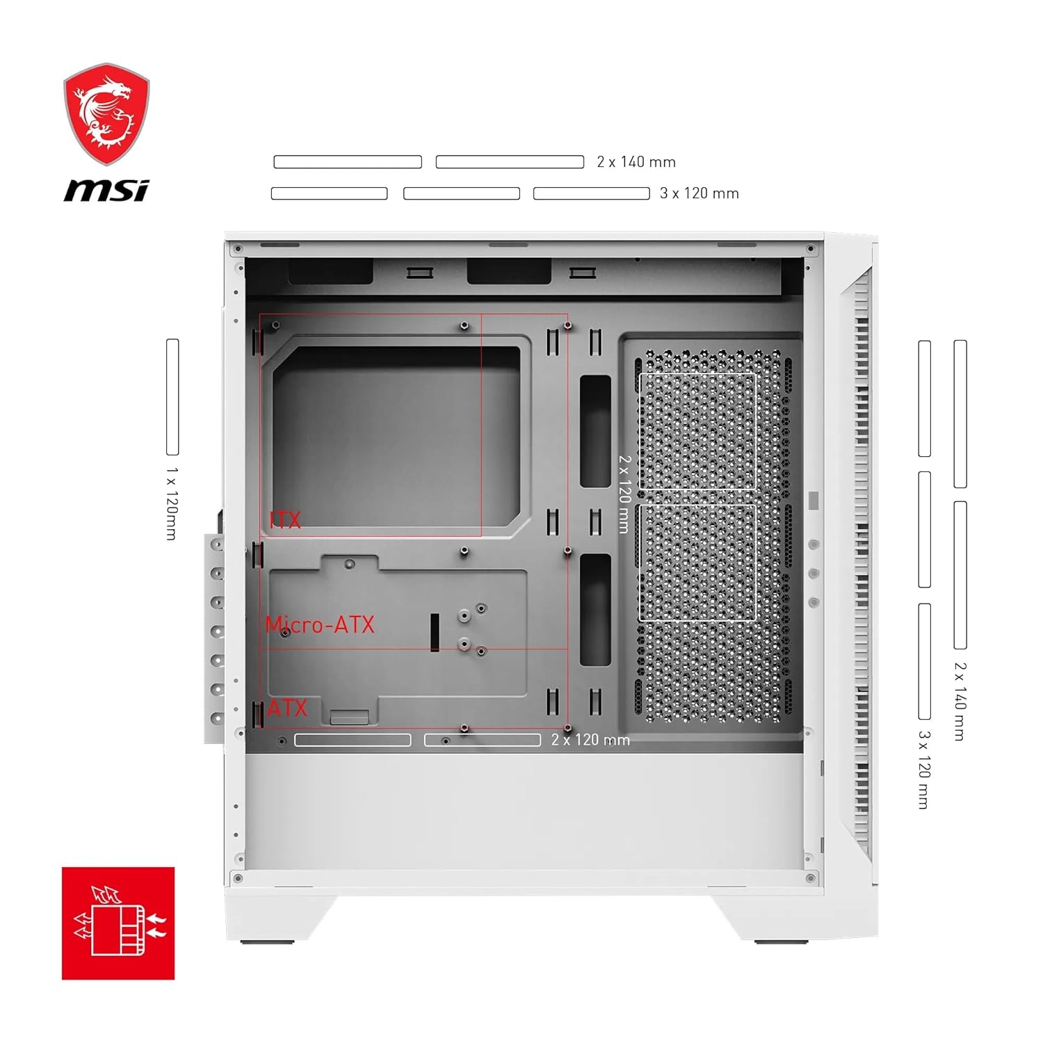 MSI MAG Forge 320R Airflow White Premium Gaming PC Case: ARGB Fan, ARGB Lighting, Vertical GPU Bracket, Side Air Vents, 360mm Radiator Support, 3mm Thick Tempered Glass, Supports Up to 11 Fans