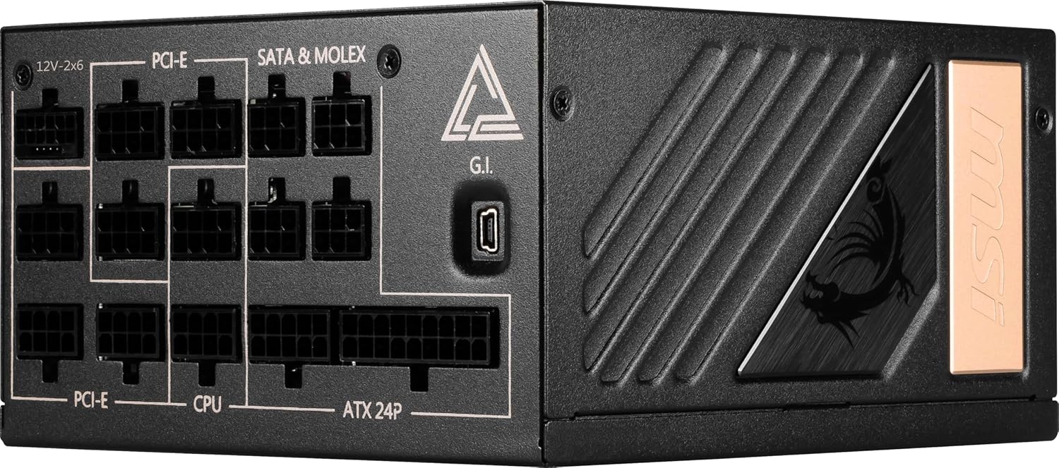 MSI MEG Ai1300P PCIE5 Power Supply Unit, UK Plug - 1300W, 80 Plus Platinum, Fully Modular ATX 3.0, PCIe 5.0 GPU Support, Japanese Capacitors, Gaming Intelligence, Sleeved Cables - 10 Year Warranty