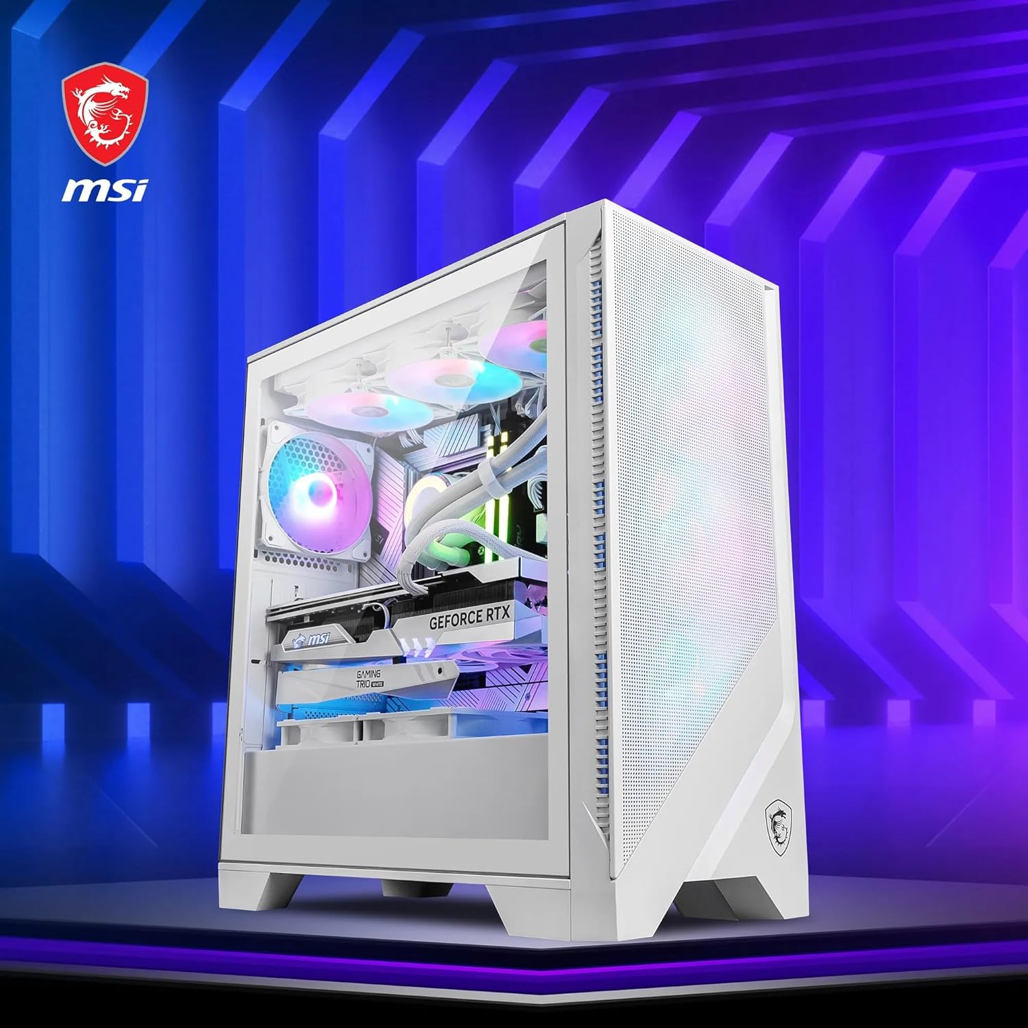 MSI MAG Forge 320R Airflow White Premium Gaming PC Case: ARGB Fan, ARGB Lighting, Vertical GPU Bracket, Side Air Vents, 360mm Radiator Support, 3mm Thick Tempered Glass, Supports Up to 11 Fans
