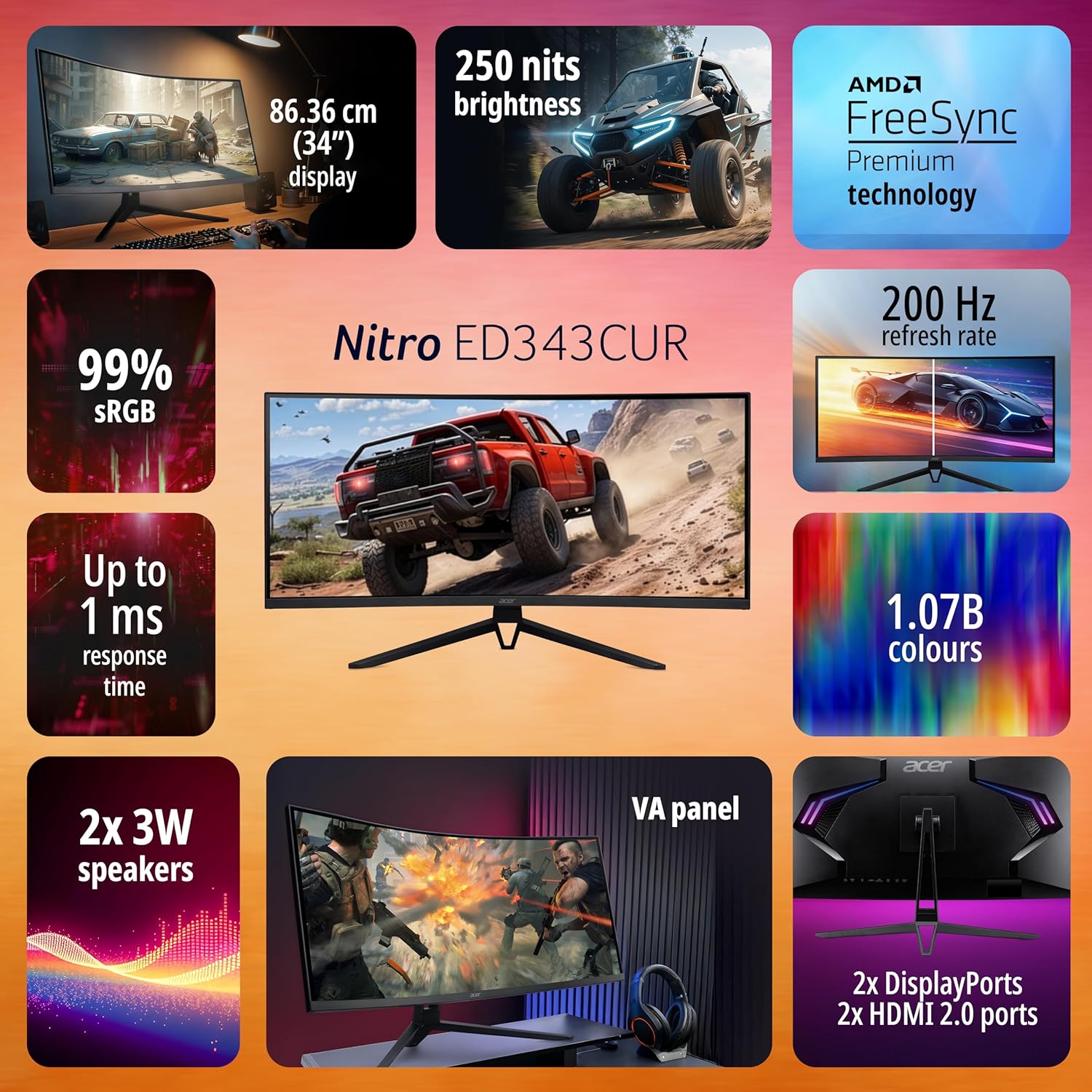 Acer Nitro ED343CUR X0 34 Inch UWQHD (3440×1440) 21:9 Curved Gaming Monitor