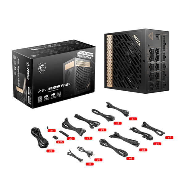 MSI MEG Ai1300P PCIE5 Power Supply Unit, UK Plug - 1300W, 80 Plus Platinum, Fully Modular ATX 3.0, PCIe 5.0 GPU Support, Japanese Capacitors, Gaming Intelligence, Sleeved Cables